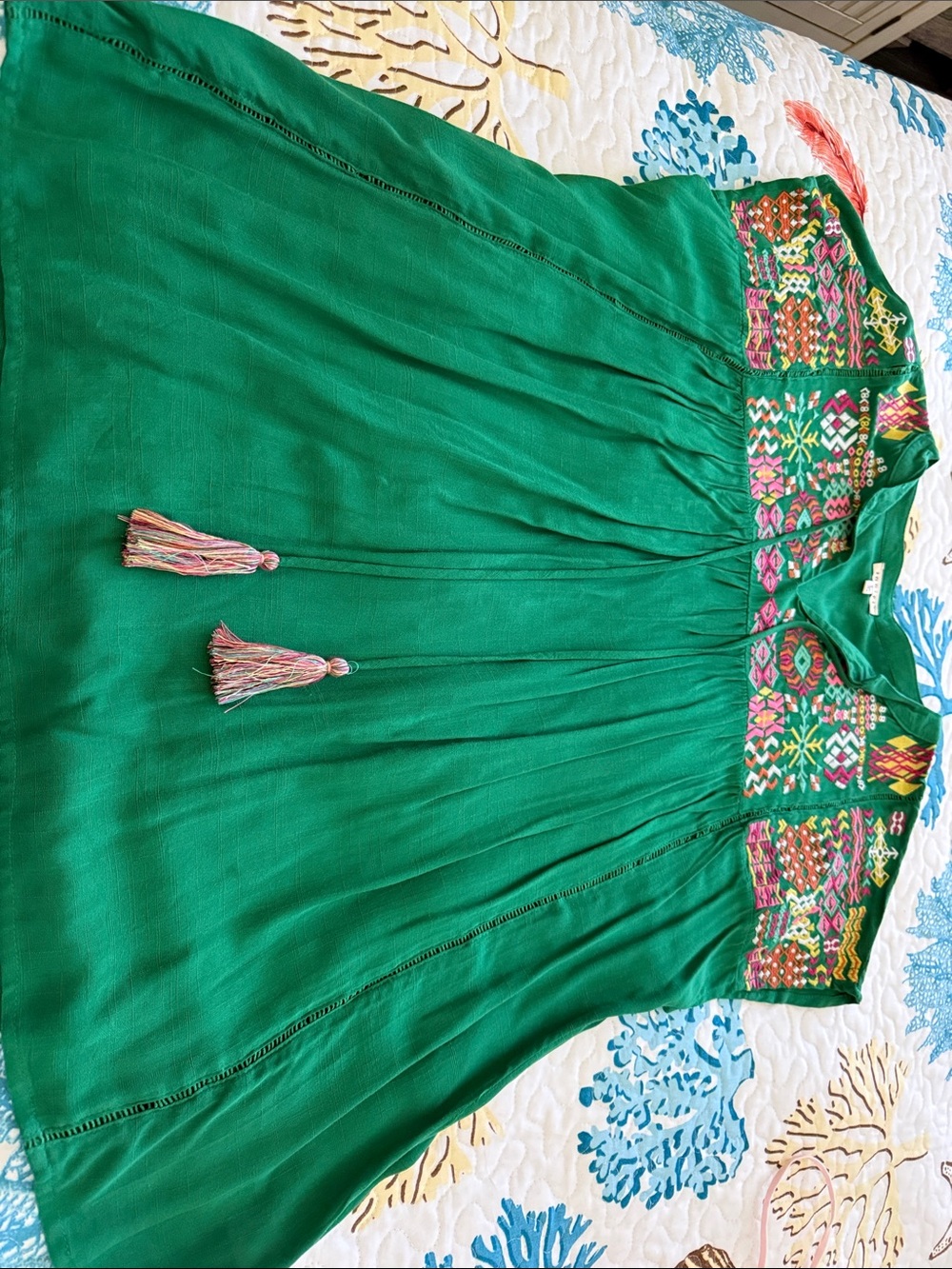 Women’s Green Embroidered Boho Blouse with Tassel Ties